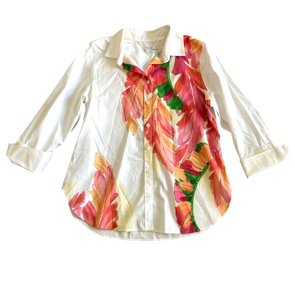 Chicos Womens Sz 6 Button Down Shirt White Floral Leaf Print Cotton Blend - Picture 11 of 11